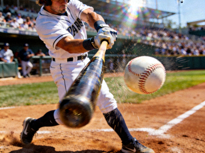 棒球击球手全力挥棒击打来球的瞬间